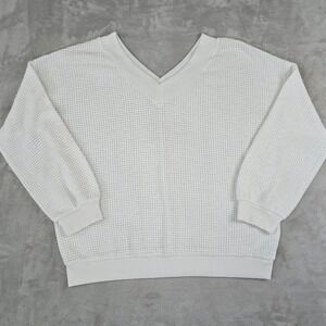 Womens XL‎ White Waffle Knit V Neck Oversized Thermal Sweater